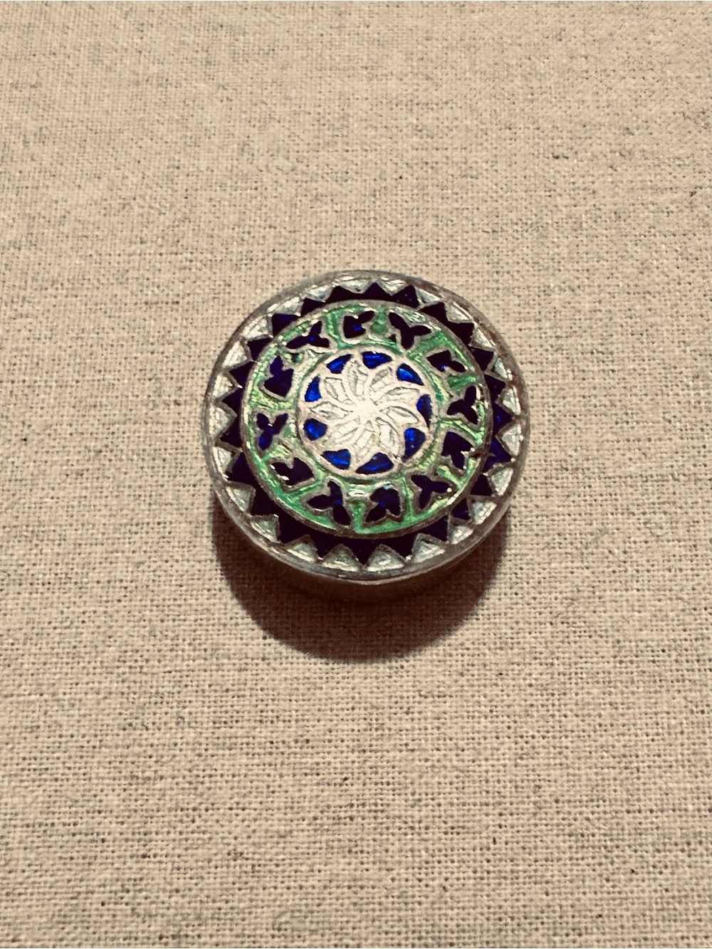 Vintage | Trinket Box | Vintage Silver Green & Blue Enamel Round Trinket Box